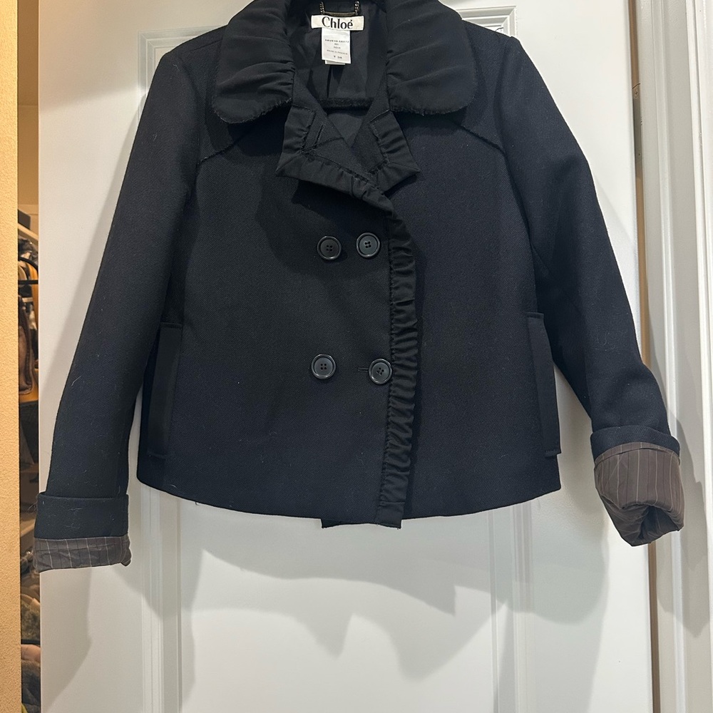 Chloe Black Pea Coat with Ruffle Detail